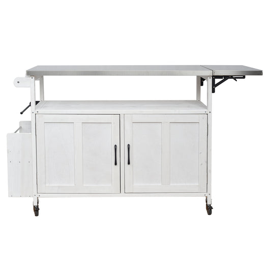 Foldable Outdoor Kitchen Island with Lockable Wheels, White Stainless Steel Top and Fir Wood Frame, Portable Patio Cart with Storage Cabinet and Towel Rack