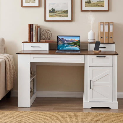 55' Farmhouse Office Desk with Storage Cabinet & Charging Station, Barn Door Design Computer Writing Desk with Keyboard Tray, Monitor Stand and Pegboard for Study, Living Room, Home Office, White