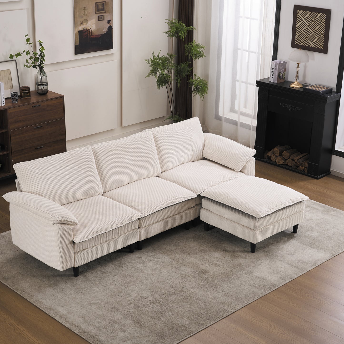 100.39' Black & White Two-Tone L Shaped Cloud Sofa, Modular Sectional with Ottoman, 3-Seat Chenille Deep Seat and Pillow – Perfect for Living Room, Bedroom, Apartment