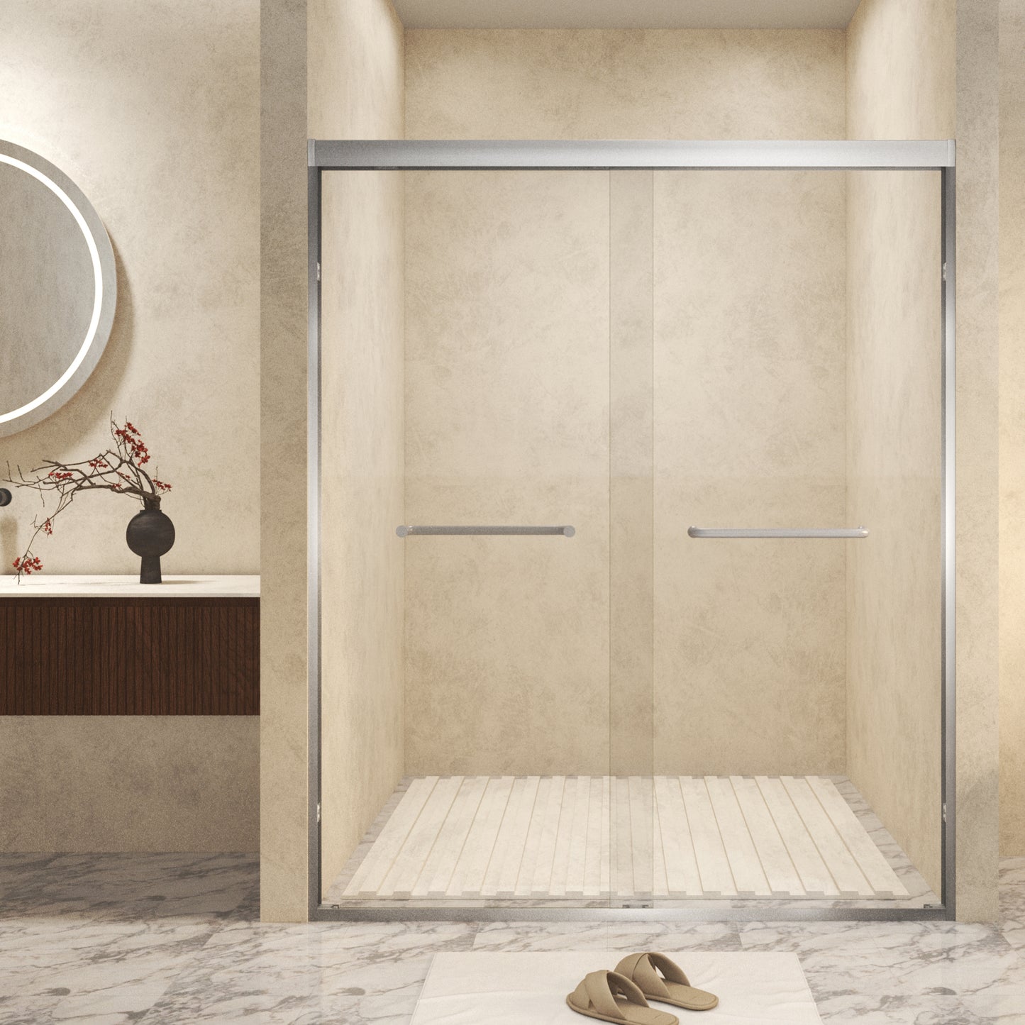 56-60 ' x 72' Tempered Glass , Aluminum Frame Double Sliding Shower Door, '1/4 (6 mm), Stainless Steel handle,Brushed Nickel
