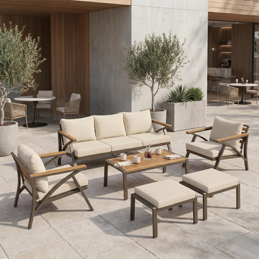 6-Piece Outdoor Patio Furniture Set, Steel Frame Sofa Set with 3-Seat Couch, 2 Armchairs, 2 Ottomans & Acacia Wood Coffee Table, Cushioned Seating for Backyard, Garden, Poolside, Beige Cushion