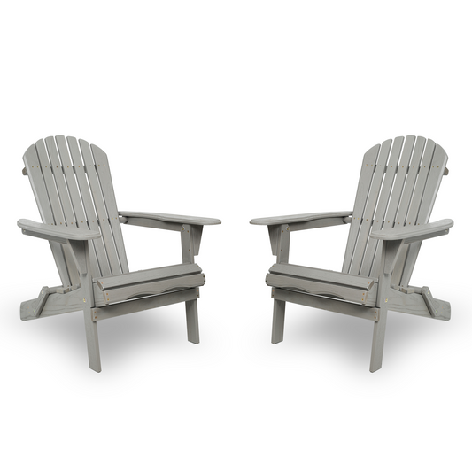 Classic Embossed Grain Adirondack Chair Set of 2, Solid Cedar Wood, Gray, Folding Outdoor Lounge Patio Chair