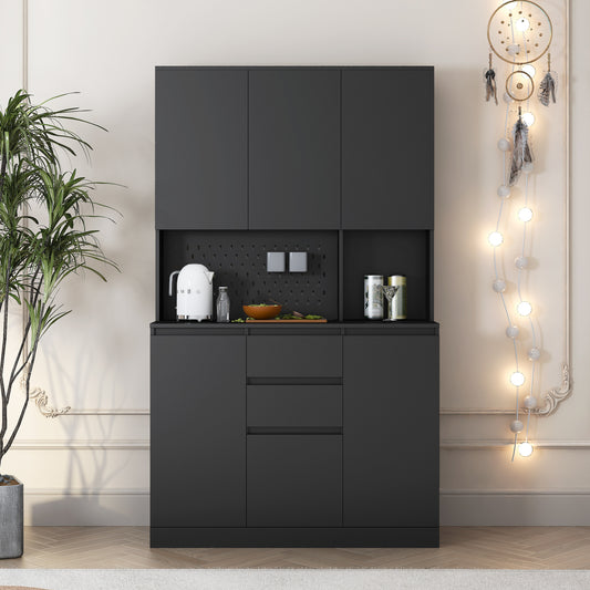 74' Freestanding Kitchen Pantry Cabinet Cupboard with 6 Doors,3 Shelves and 2 Drawer,Versatile Wardrobe & Kitchen Cabinet,Craft Storage Cabinet,Laundry Room Storage for  Kitchen (Black)