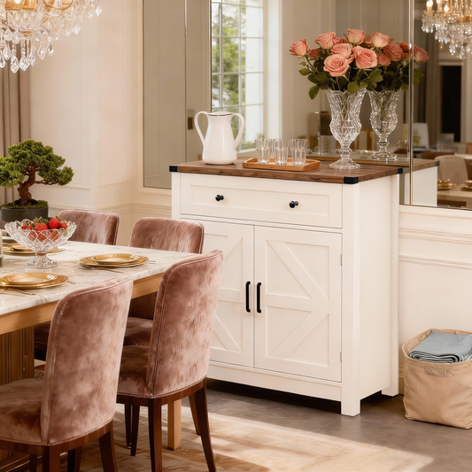 White & Wood-Grain Top Farmhouse Barn-Door Storage Cabinet, Coffee Bar Buffet Sideboard with Drawer for Kitchen & Living Room