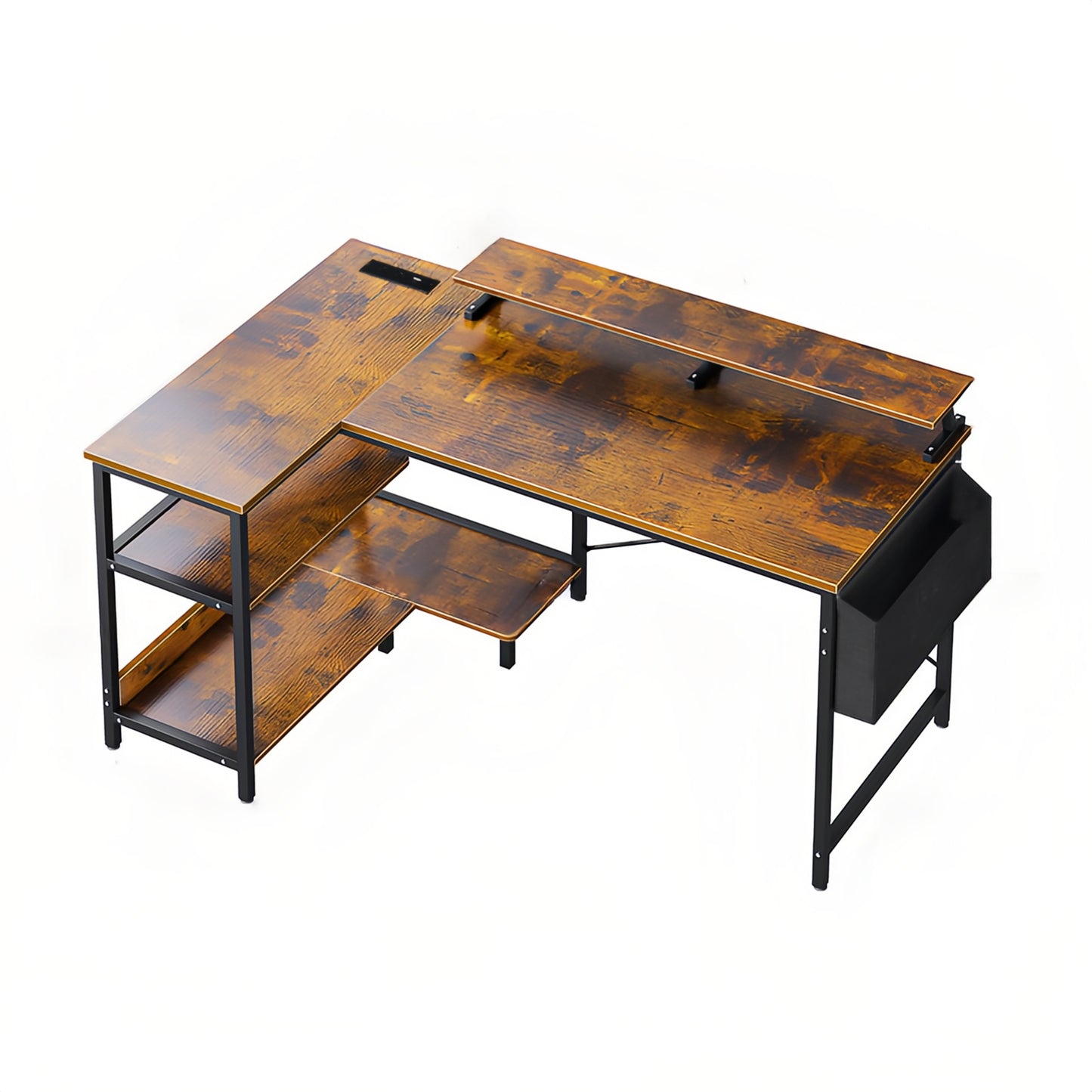 Vintage Black+Brown L Shaped Gaming Desk with Power Outlets, Monitor Stand & Storage Shelves, 47'' Reversible Corner Workstation for Home Office, Bedroom, Small Space