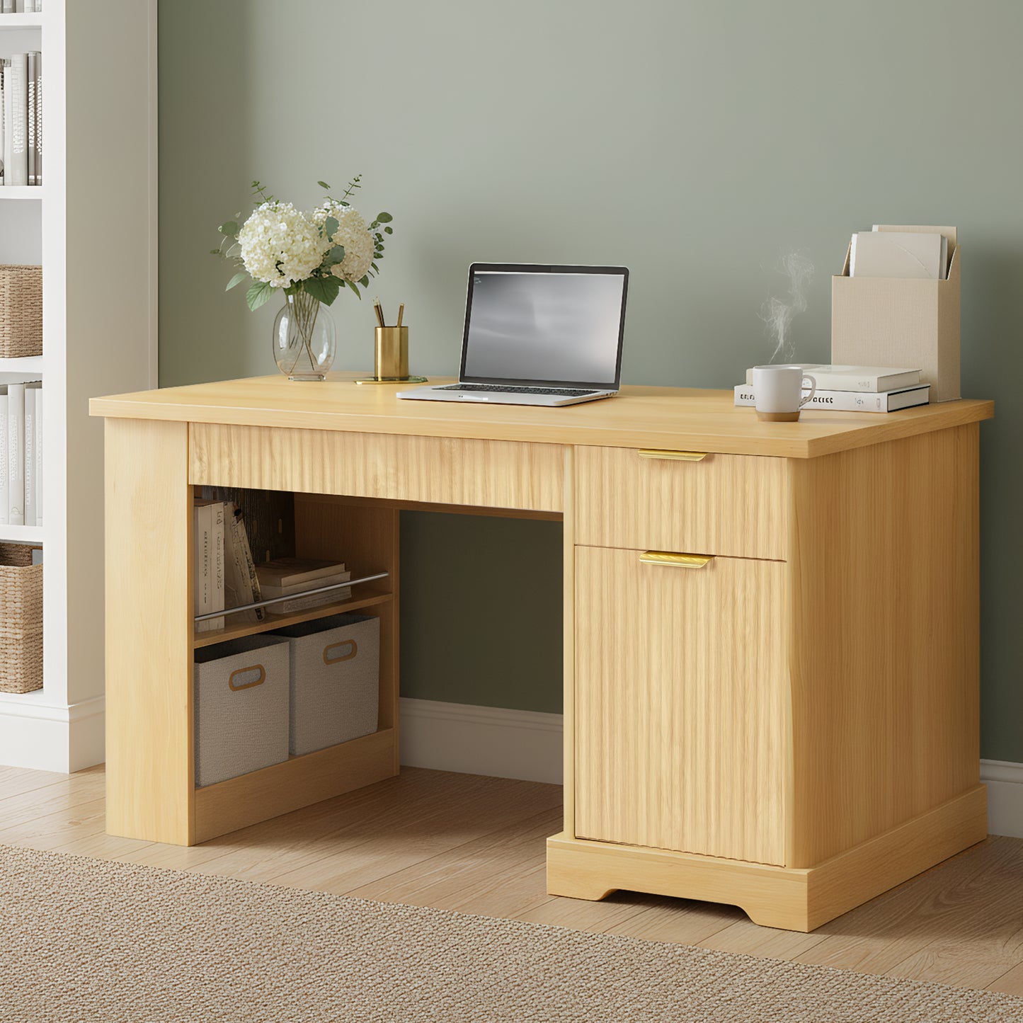 55' Modern Fluted Office Desk with Storage Cabinet & Drawers, Computer Writing Desk with Power Outlet, Pegboard, Built-in Shelves and Keyboard Tray for Study, Living Room, Home Office, Light Oak