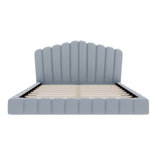 Velvet Upholstered Queen Bed Frame with Shell-Shaped Headboard, Light Blue, Solid MDF & Particle Board