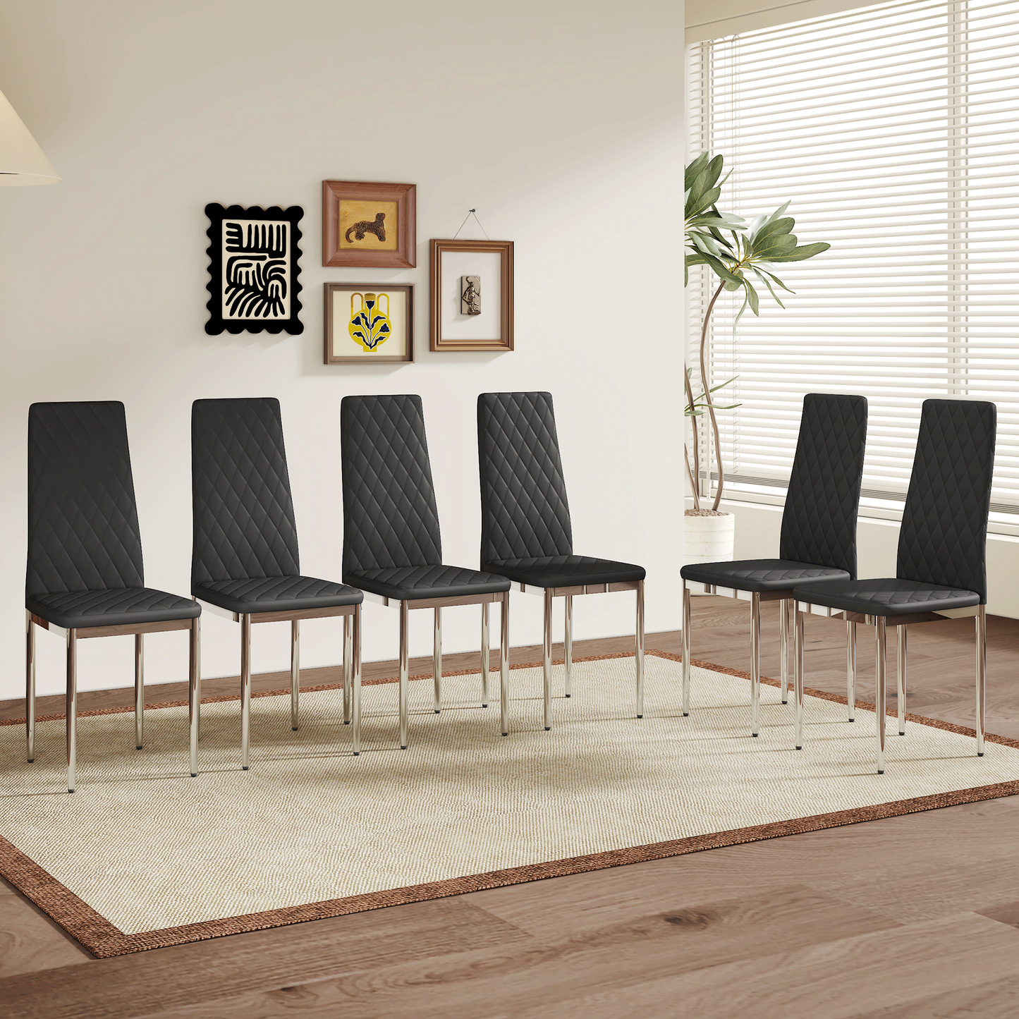 Modern Style Dining Chairs Set of 6 in Black, Essential for Minimalist Homes.Meeting Family Dining Needs,PU Material Seat,Silver Metal Legs,Blending into Various Home Environments.W1151107275