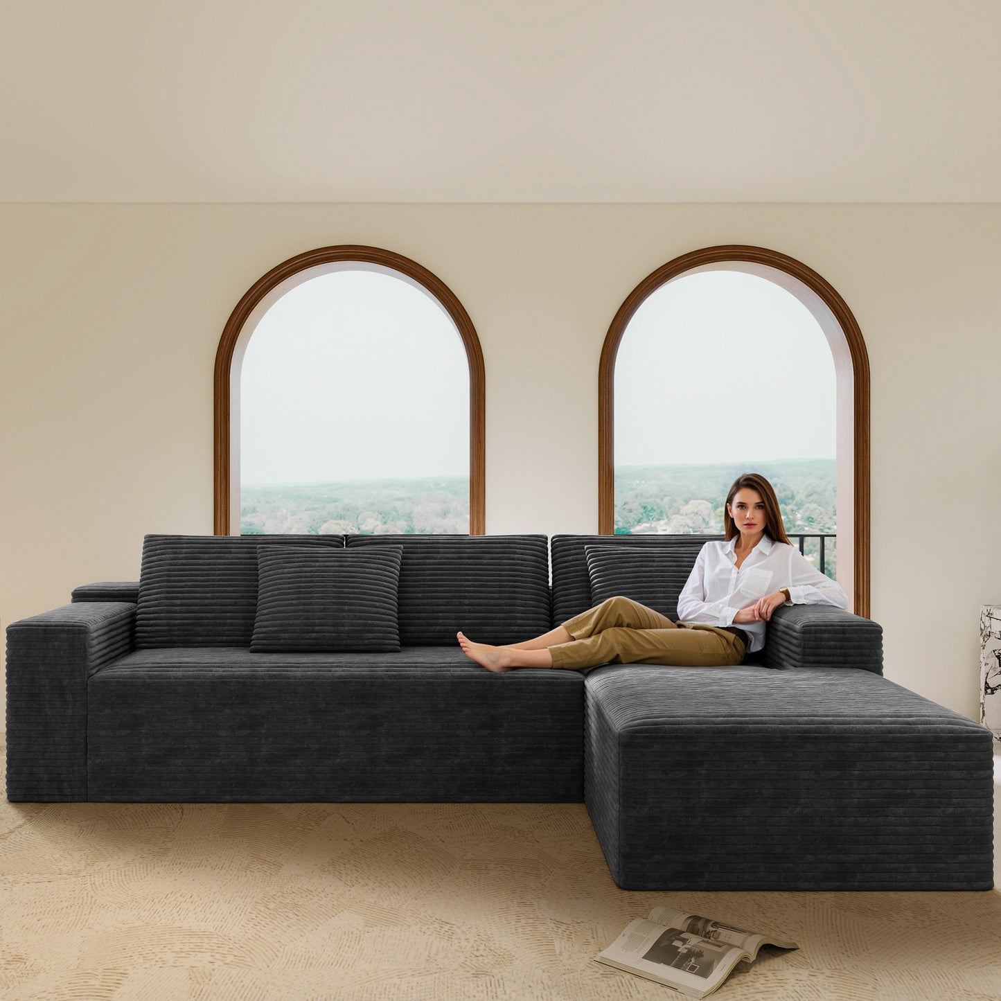 104.3*68.9'Modular sectional sofa seat,Upholstered compressed couch for living room,Bedroom,Apartment,No assembly required,2PC free combination,Plush corduroy fabric,GREY
