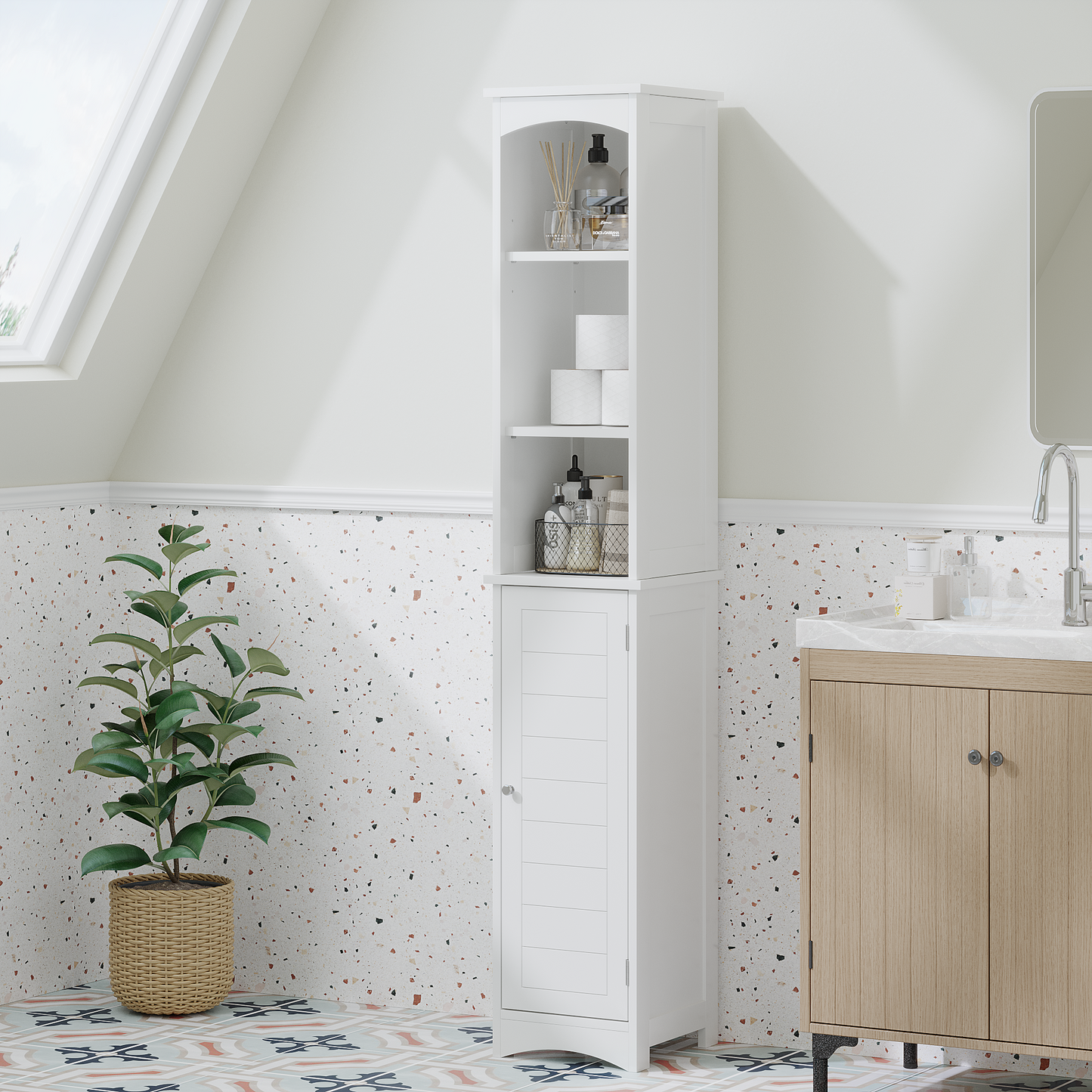 64.17'' Tall Bathroom Storage Cabinet with Adjustable Shelves,Slim 1 Doors Freestanding Cabinet with Anti-Tip, Open compartments, for Home, Small Spaces, Bathroom,Kitchen,