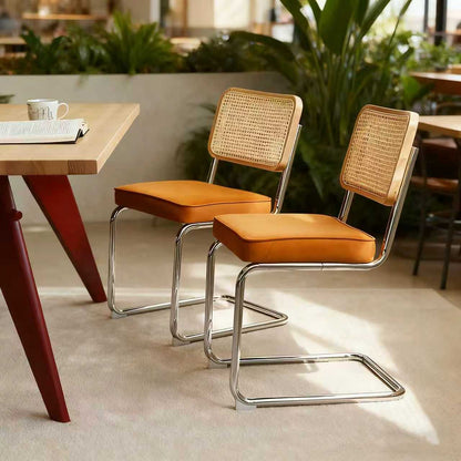Dining Chairs Set of 2, Velvet Rattan Side Accent Chairs with Chrome Legs, Modern Mid Century Breuer Designed Chairs, Upholstered Dining Living Room Kitchen Chairs (Orange-2pcs)