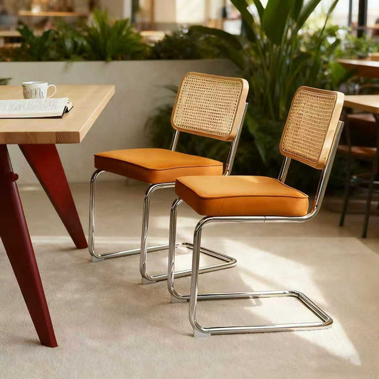 Dining Chairs Set of 2, Velvet Rattan Side Accent Chairs with Chrome Legs, Modern Mid Century Breuer Designed Chairs, Upholstered Dining Living Room Kitchen Chairs (Orange-2pcs)