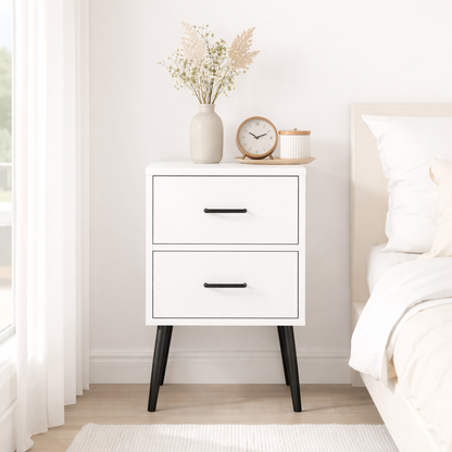 2-Drawer Nightstand with Metal Legs and Metal Handles, Modern White Bedside Table, Small End Table for Bedroom, Living Room or Apartment