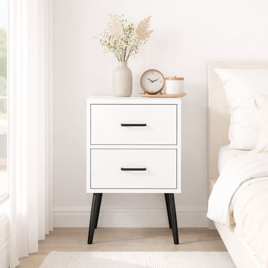 2-Drawer Nightstand with Metal Legs and Metal Handles, Modern White Bedside Table, Small End Table for Bedroom, Living Room or Apartment