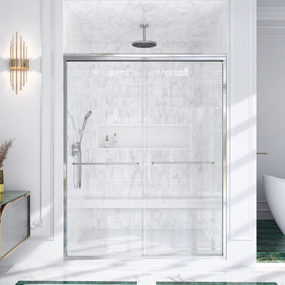 (NEW) 56'-60'W*72' H Semi-Frameless Double Sliding Shower Door, Bypass Shower Door, 1/4' (6mm) Thick SGCC Tempered Glass Door, Chrome