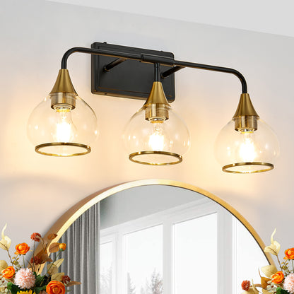 23' Modern 3-Light Vanity Wall Sconce - Black and Gold Bathroom Light Fixture with Clear Glass Shades, Industrial Wall Mounted Lamp for Mirror, Vanity, and Living Spaces (Bulb Not Included)
