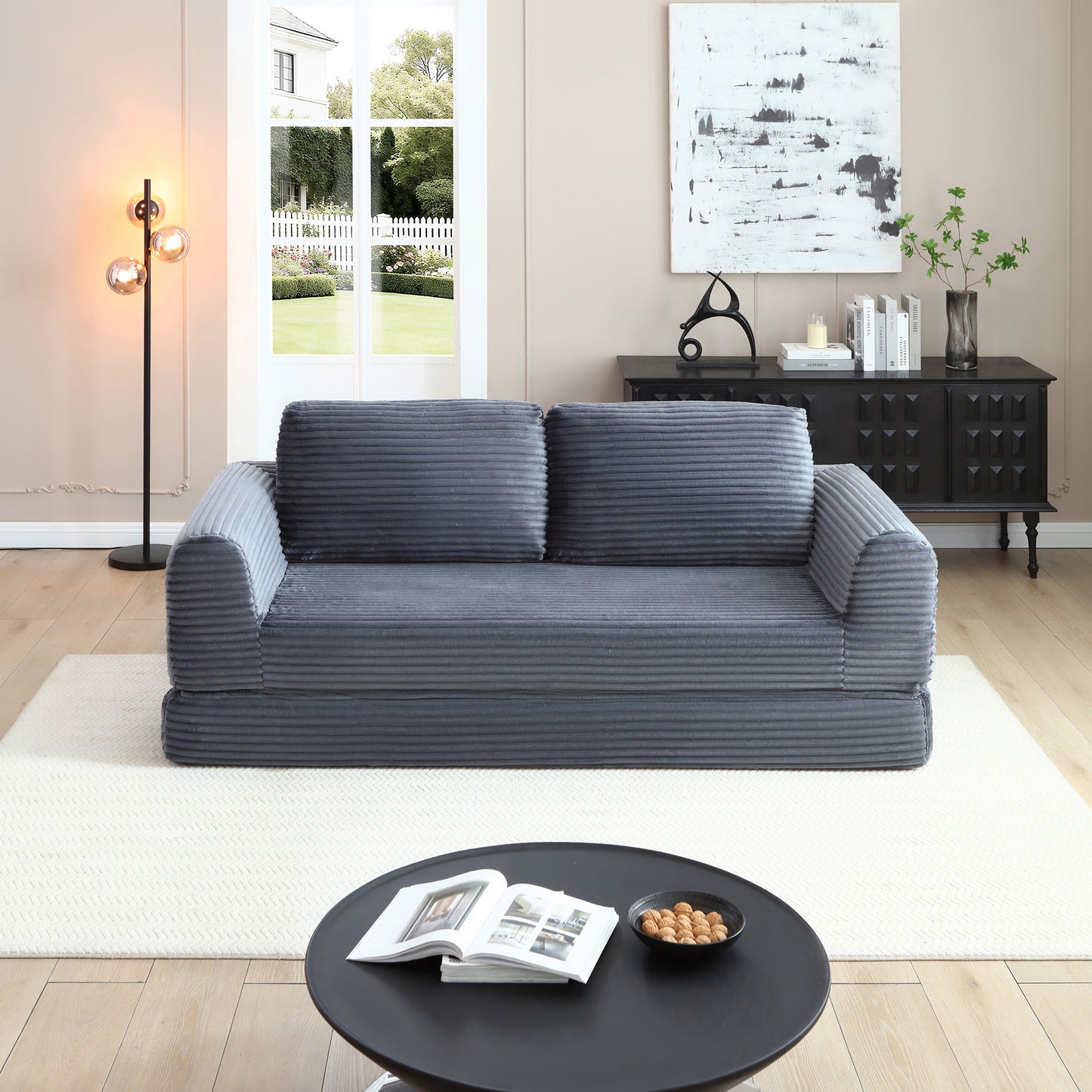 2-in-1 Folding Convertible Sofa Bed, Modern Corduroy Sleeper Couch with 2*pillows, Futon Modular Upholstered Boneless Sofa with Pull-Out Bed,Folding Floor Modular Couch for Living Room Grey