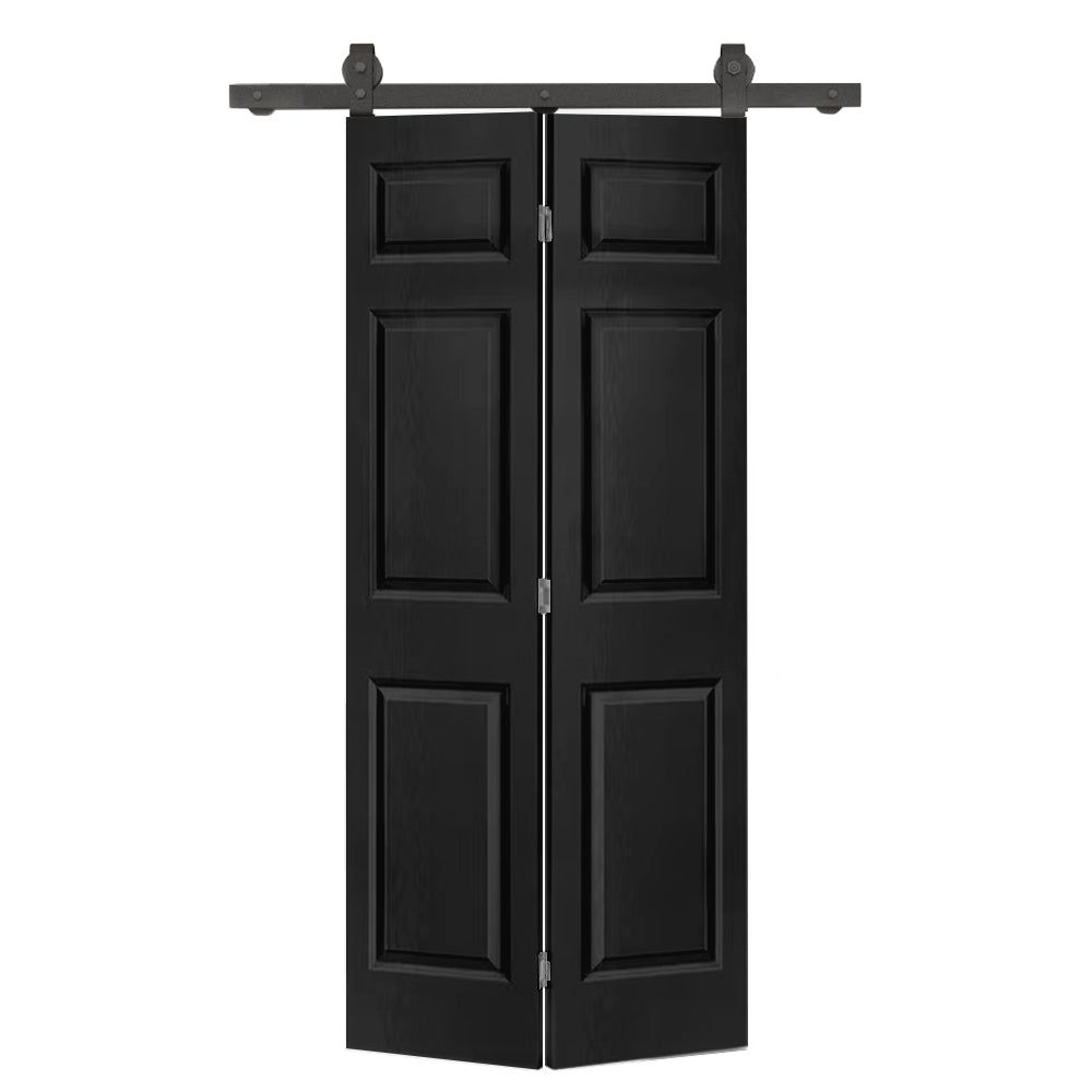 24 in. x 80 in. 6-Panel Black Painted MDF Composite Bi-Fold Barn Door with Sliding Hardware Kit