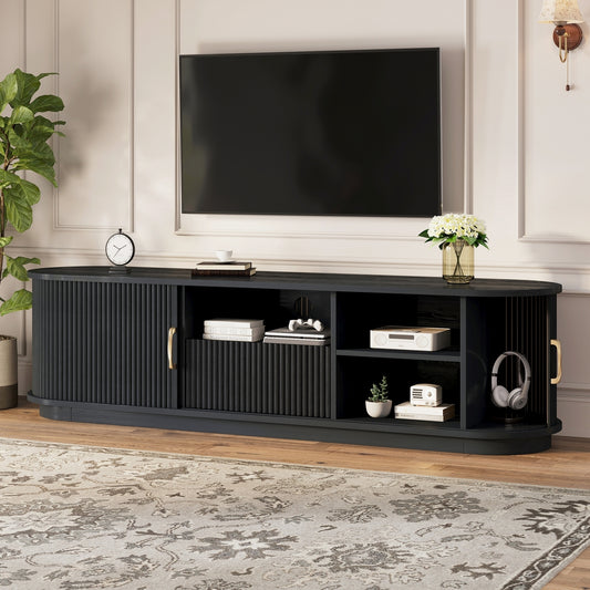 Vintage Rustic TV Stand with Sliding Wood Slatted Doors for TVs up to 75', Farmhouse Fluted TV Cabinet with Drawer, Wood Grain Media Console with Cable Management for Living Room, Bedroom, Black
