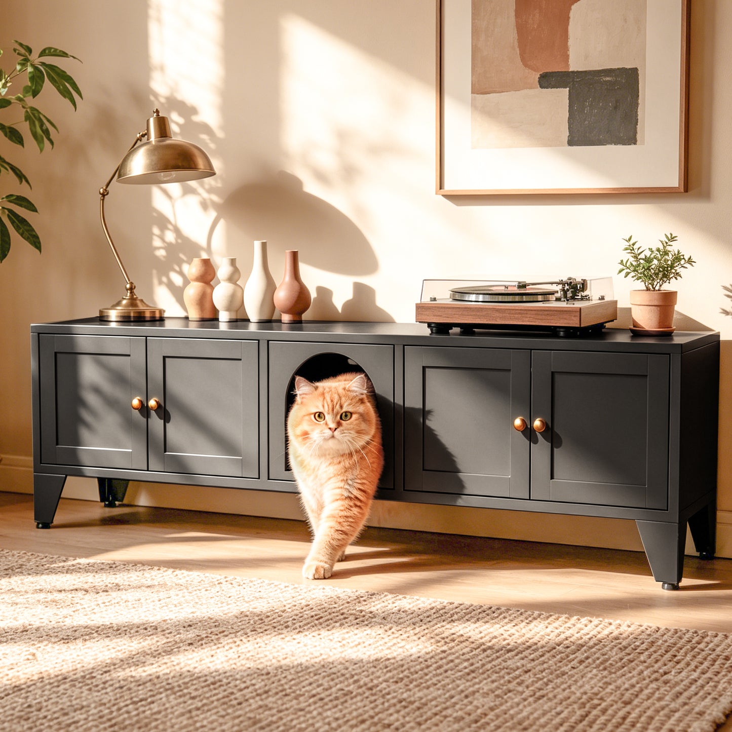 58' Metal Cat Litter Box Enclosure, Hidden Litter Box Furniture for 2 Cats, Large Indoor Cat House TV Stand Cabinet with Ventilation & 2 Compartments, Black Modern Pet Washroom with Adjustable Legs