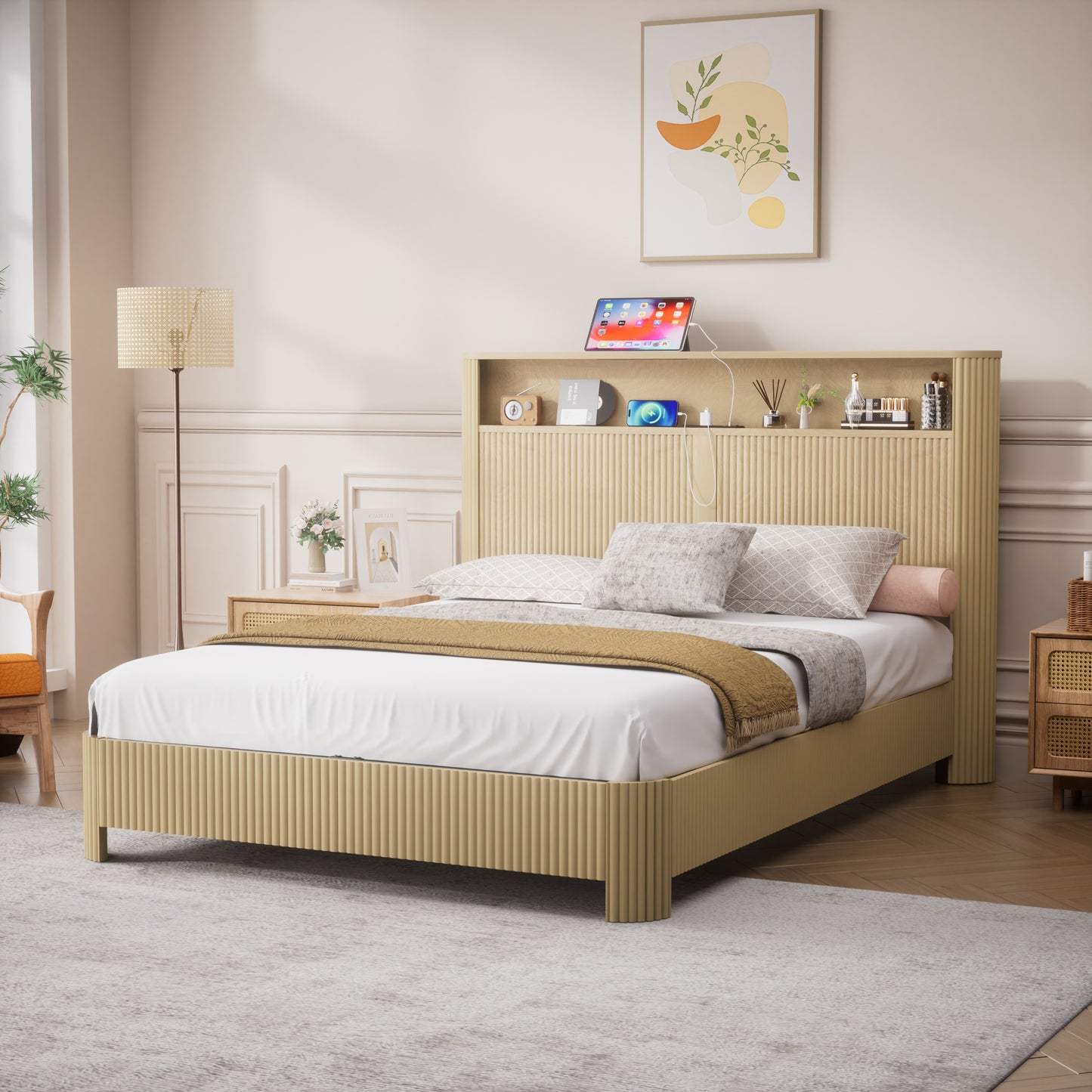 Queen Size bed frame with storage headboard, built-in charging station, wavy curved lines design, silent operation, metal support, Natural