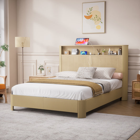 Queen Size bed frame with storage headboard, built-in charging station, wavy curved lines design, silent operation, metal support, Natural