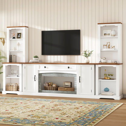 3-Piece TV Stand Set with Curved Side Cabinets for TVs Up to 70', Farmhouse Entertainment Center with Bookshelves, Stylish Walnut Sideboard with Drawer, Adjustable Shelves, for Living Room, White
