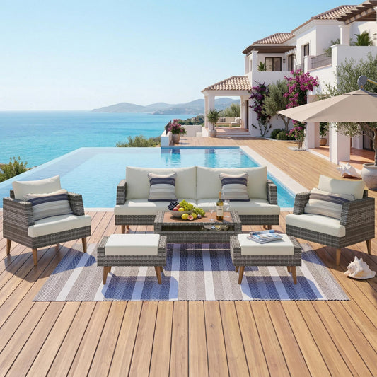 <Old SKU: FG201219AAA> 6-Pieces All Weather PE Wicker Sofa Set, Outdoor Rattan sofa With Double Cushions, Wood Legs Wood Table Top, Beige and Gray