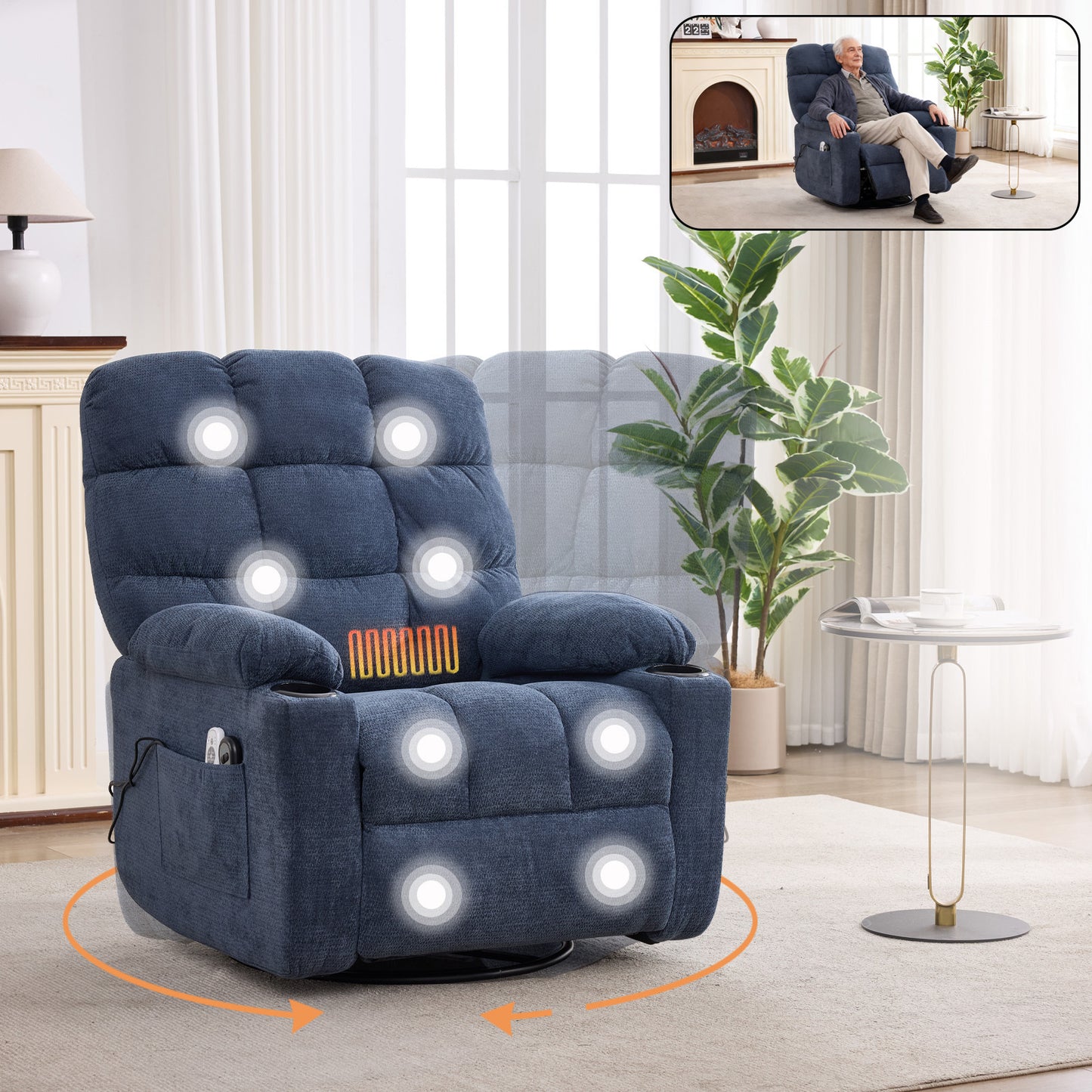 Heat Massage Electric Recliner Chair with Rocker and Swivel in Fabric for Living Room, Blue