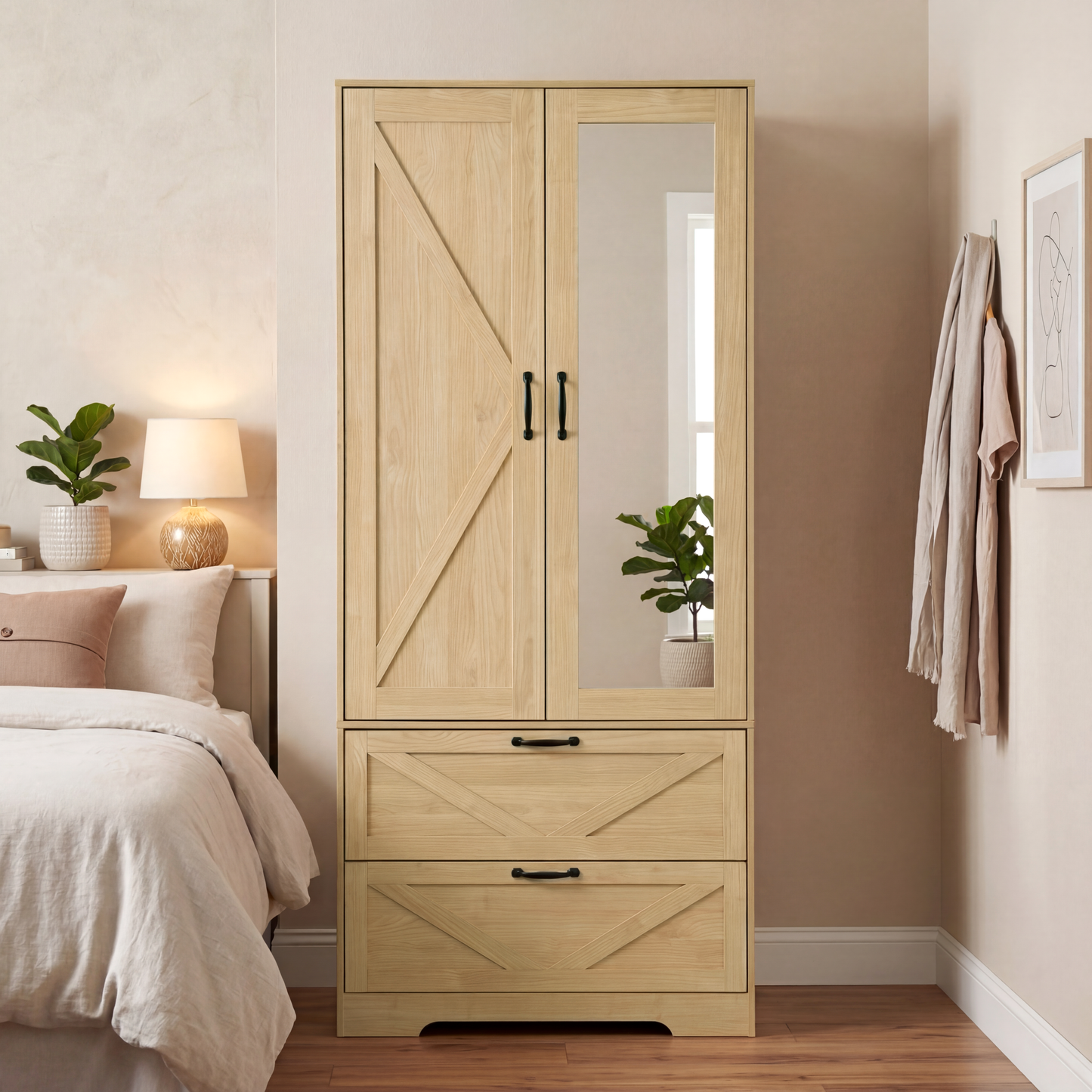 2 Door Wood Wardrobe for Bedroom with Hanging Clothing Rod inside the Cabinet and 2 Drawers for Storage Organization, Built-in induction light Multifunctional Closet with Mirror, Natural