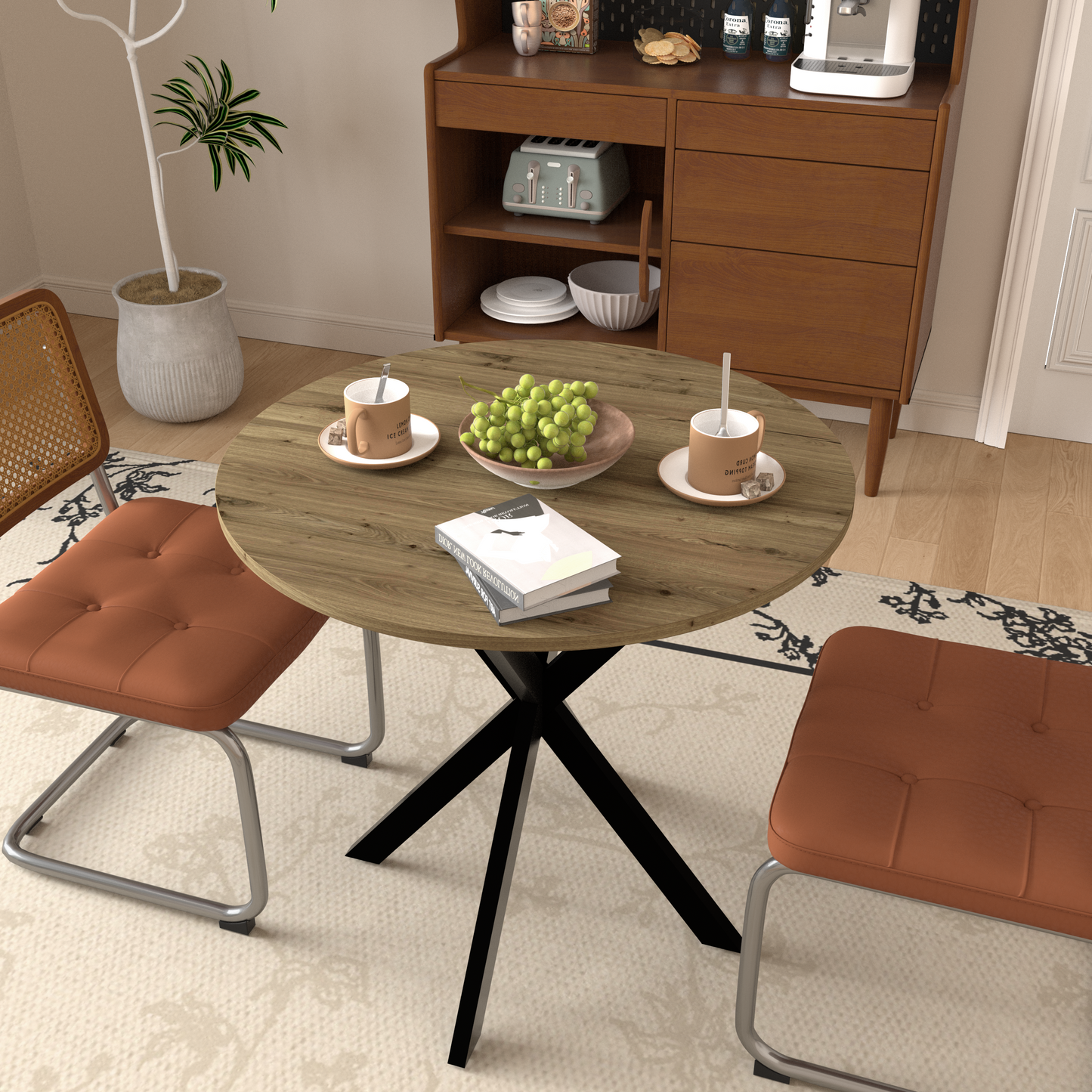 31.5 Inch Round Dining Table, Small Circle Kitchen Table with Metal Black Legs for 2-4 people,Modern Dining Room Table, Brown (only table)