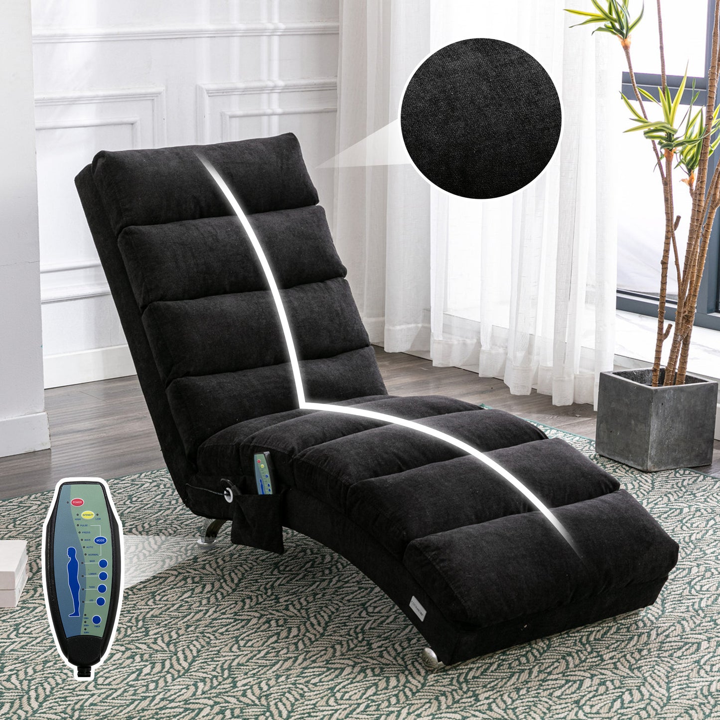 COOLMORE Luxury Upholstered Chaise Lounge Chair with Vibration for Relaxation, Modern Fixed Back Fabric Leisure Recliner Sofa for Living Room/Bedroom