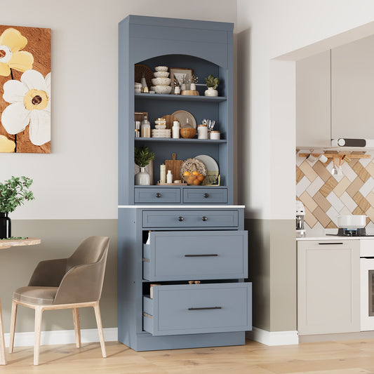 [Assembly Video Provided] TOPMAX Modern 83.7inch High Kitchen Pantry, Freestanding Tall Kitchen Hutch with Faux Marble Top, Display Cupboard Cabinet with 5 Storage Drawers and Adjustable Shelf, Gray