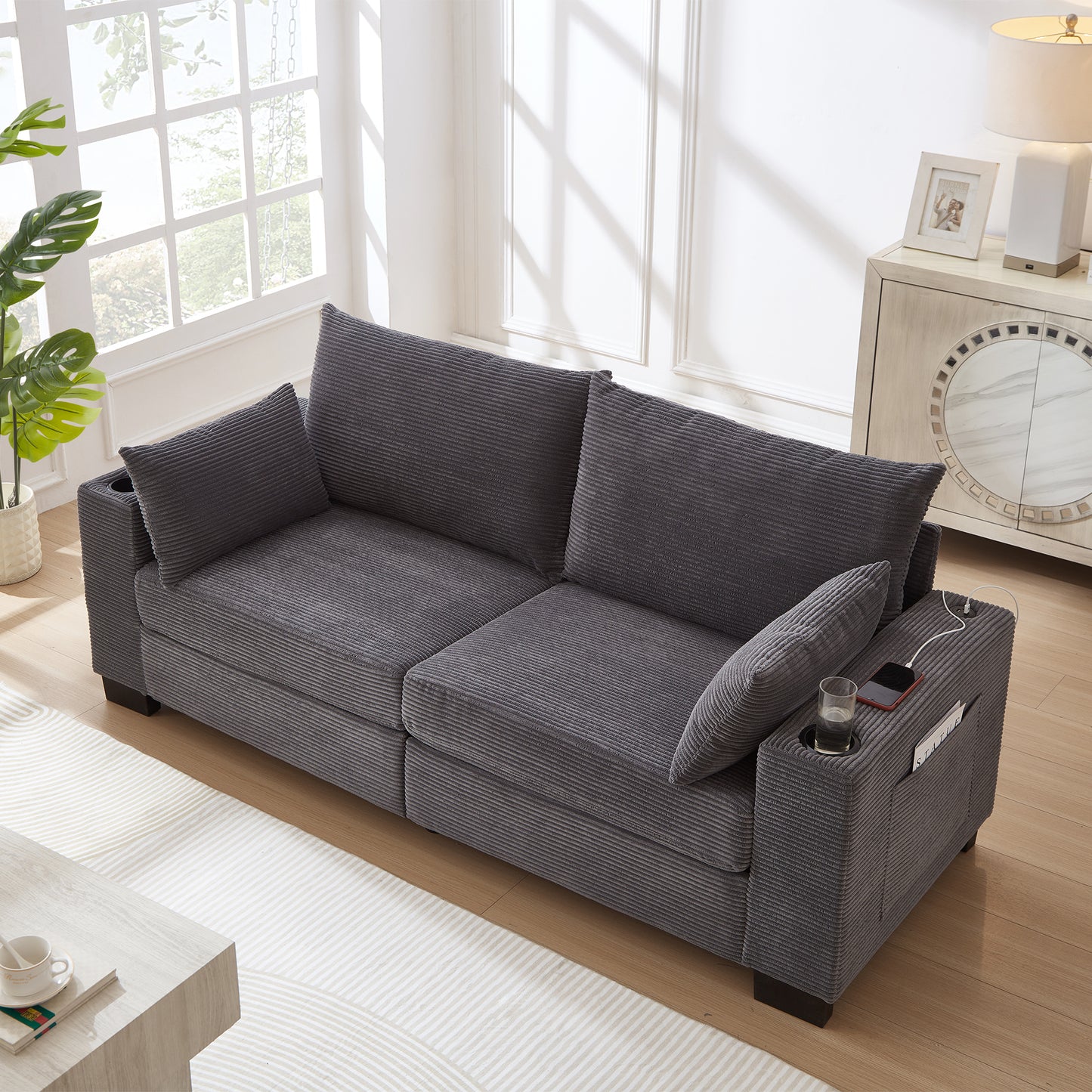 78'Corduroy Sofa for Living Room, Modern Upholstered Sofa with USB,Cup Holders and Side Pocket, Modern Plush Deep Seat Sofa Couch, 3-Seater Sofa for Living Room, Apartment