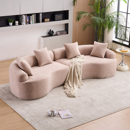 LY-025 Modular Sleeper Sectional Sofa, 4-Seater with Wood Grain Chenille Fabric, Warm Beige Convertible Sofa Bed, 30D High-Density Sponge Couch for Apartment & Living Room