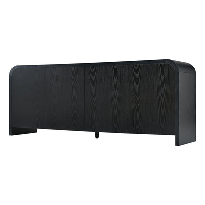 Farmhouse Curved Edge TV Stand with Large Cabinets for TVs up to 70', Minimalist Wood Grain Media Console with Cable Management, Mid Century TV Cabinet with Adjustable Shelves for Living Room, Black