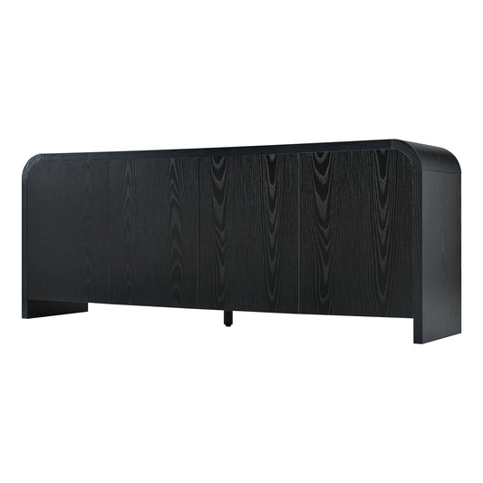 Farmhouse Curved Edge TV Stand with Large Cabinets for TVs up to 70', Minimalist Wood Grain Media Console with Cable Management, Mid Century TV Cabinet with Adjustable Shelves for Living Room, Black