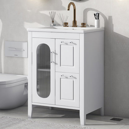 24' Bathroom Vanity with Sink, Bathroom Vanity Cabinet with Two Drawers and Door, Adjustable Shelf, Solid Wood and MDF, White (Old Sku:N725P245273K)