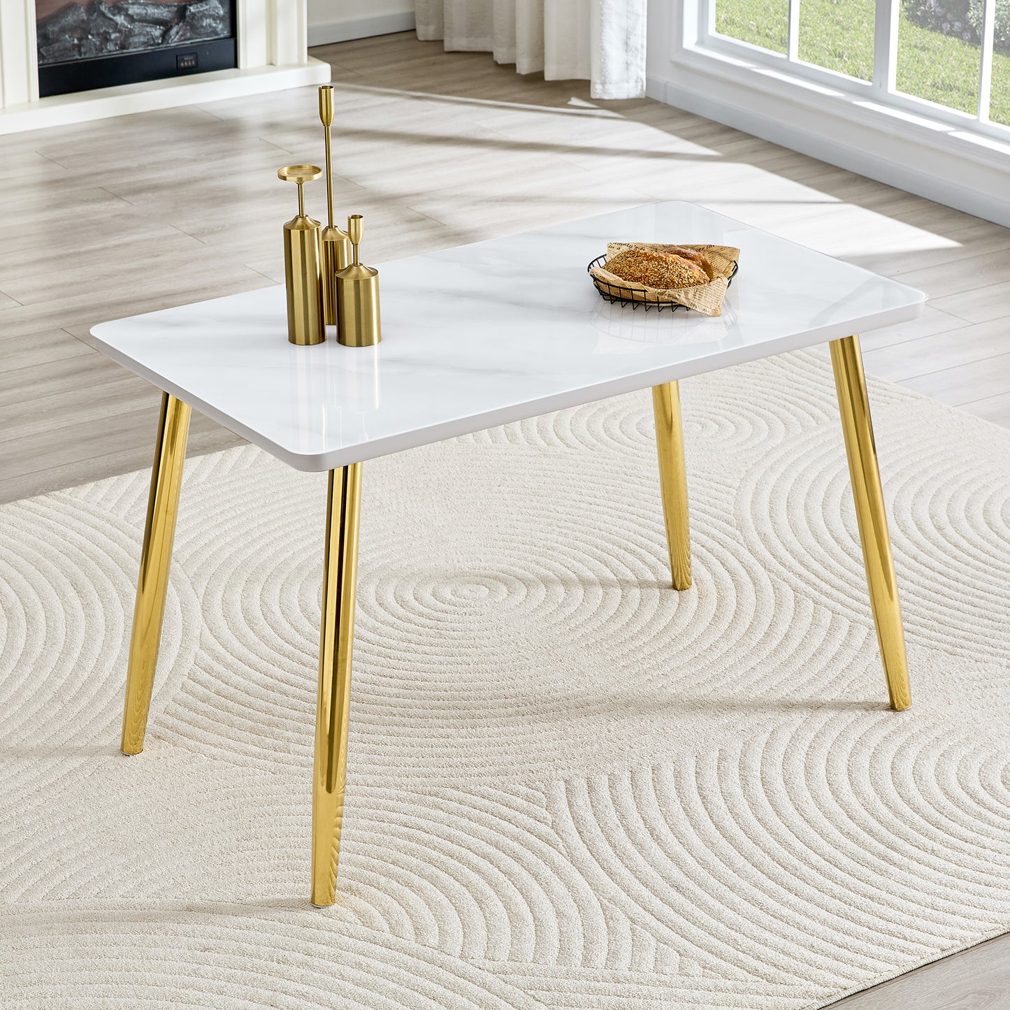 Modern minimalist rectangular dining table, suitable for 4-6 people. Tempered glass countertop+lower MDF board, imitation marble texture, gold metal tapered legs. Suitable for minimalist restaurants.