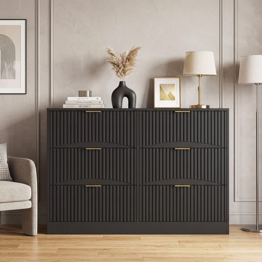 Modern 6-Drawer Dresser, Chest of Drawers for Bedroom, Living Room, Hallway, and Entryway - Large Storage Cabinet, Black,Drawer panel with wavy patterns