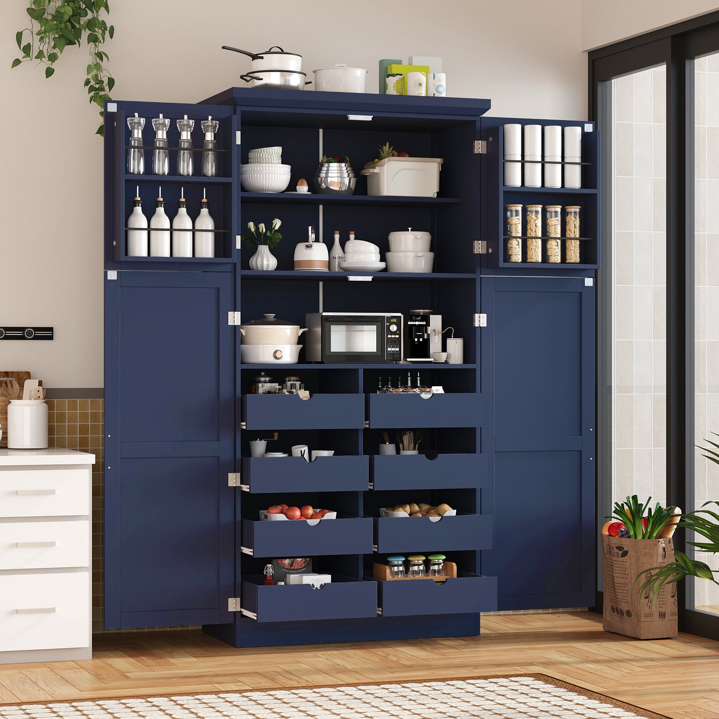 [Assembly Video Provided] TOPMAX 35.5x17.6x70.9inch Freestanding Kitchen Pantry Cabinet, Tall Storage Cabinet with 4 Doors, 2 Door Shelves, 8 Pull-out Trays and Adjustable Shelf for Dining Room, Blue
