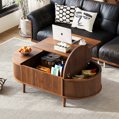U-Can Minimalist Oval Lift-Top Coffee Table with Hidden Storage and Wood Wave Grain Finish