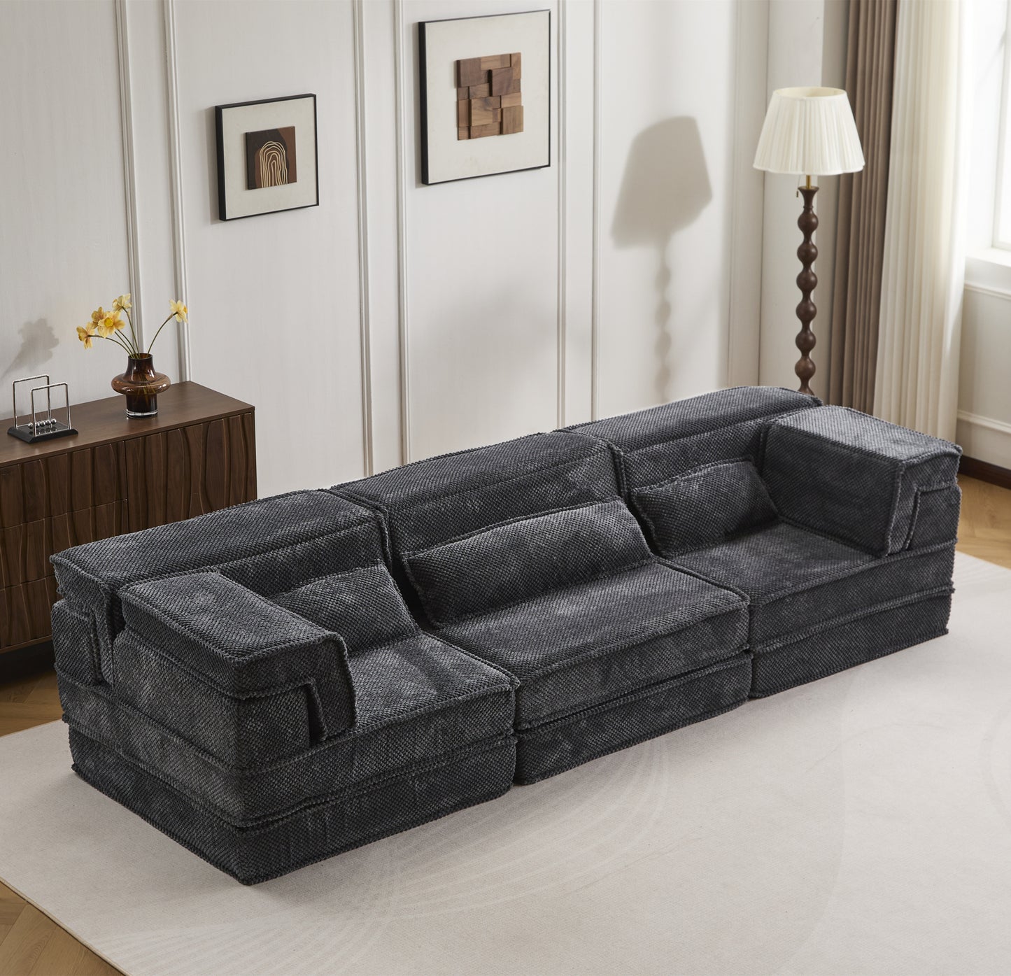 Compression Mahjong Sofa,Convertible Floor Sofa Bed,DIY Boneless Modular Sectional Sofa,No Assembly Required,Circle fleece fabric,Oversized 3 Seater with 3 Pillows,Dark-Grey