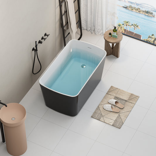 49'' Acrylic Freestanding Soaking Bathtub, Square-shape Japanese Soaking Hot Tub with Chrome Overflow and Drain, Glossy Black 24A01-49B