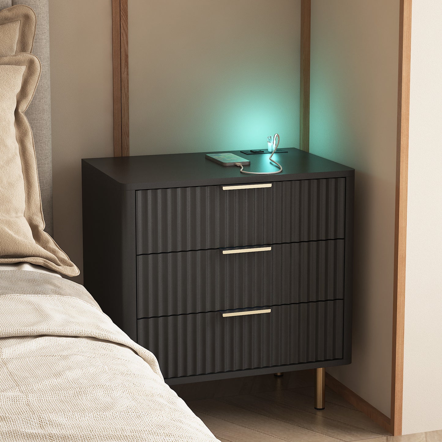 Nightstand with Charging Station, Smart Nightstand with Night Light, Modern Night Stand with Storage Cabinet for Bedroom