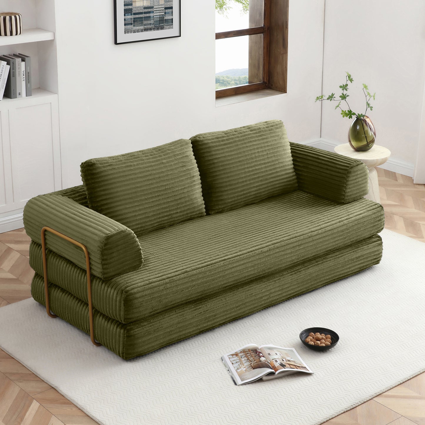 Convertible Sofa Bed, Folding Floor Couch Corduroy Fold Out Couch Bed Futon Sleeper Mattress with Pillows, Boneless Sofa for Living Room Bedroom, Green