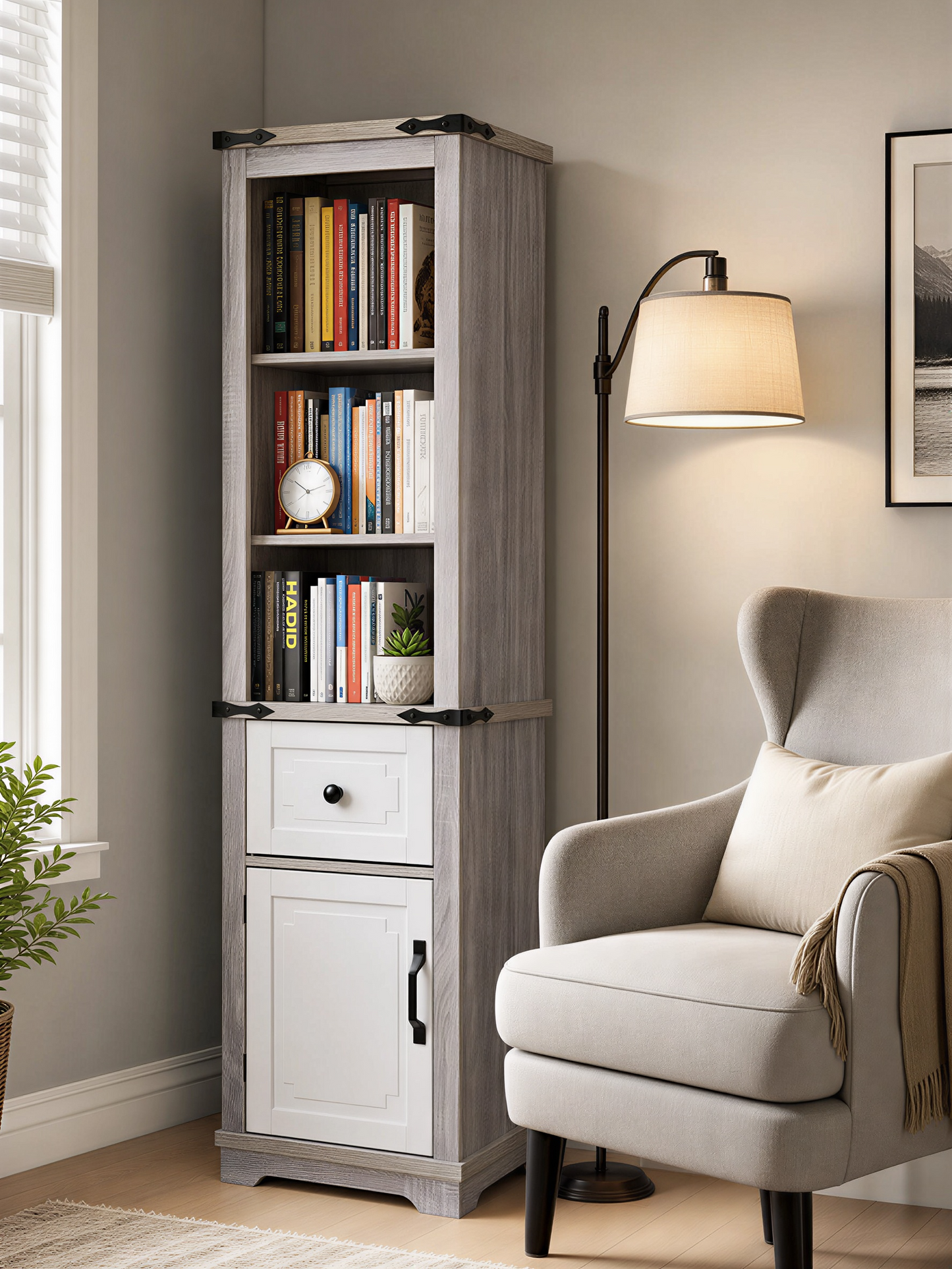 Narrow cabinet,Bathroom Storage Cabinet, Farmhouse Storage Cabinet with Adjustable Shelves & Storage Drawer, Tall Linen Tower for Bathroom, Living Room, Grey+white color