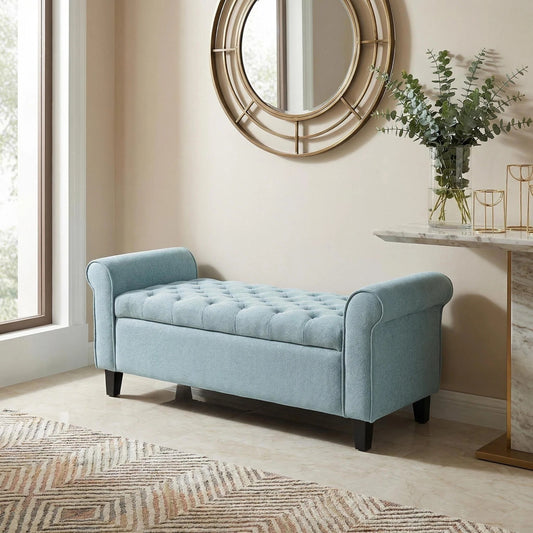 Light Blue Fabric Storage Bench with Rolled Arms, 38' Seat Width,  Black Legs, Button Fabric Design, Living Room Bedroom Entryway Furniture