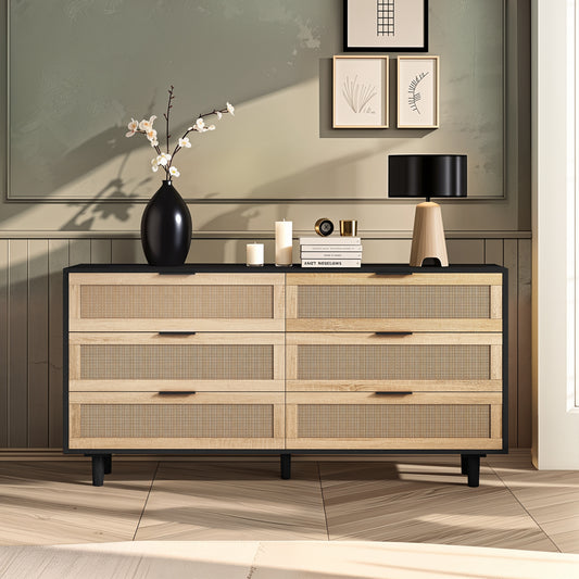 59.06'6-Drawers Rattan Storage Cabinet Rattan Drawer,for Bedroom,Living Room, Black (Same SKU:W757132849)