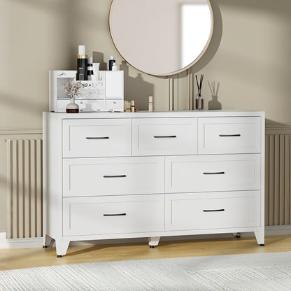 7-Drawer Dresser, Wide Low-Profile Storage Cabinet, White Metal Chest of Drawers for Bedroom, Living Room & Entryway